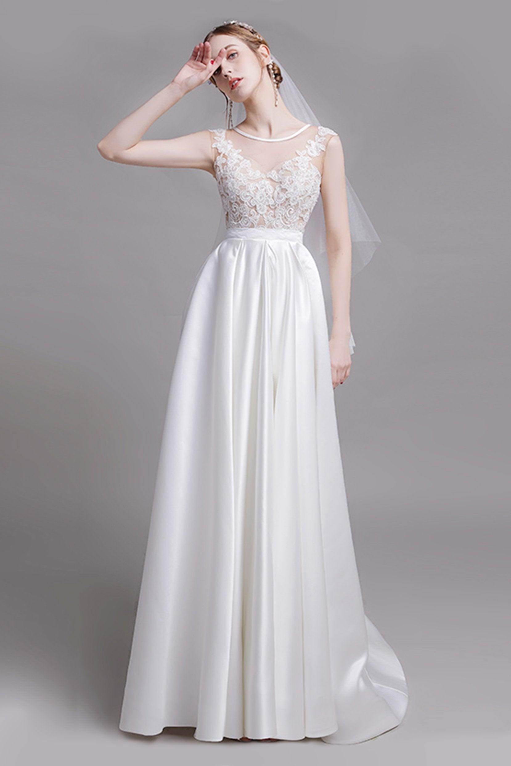 A-Line Floor Length Lace Satin Wedding Dress CW2728 - COCOMELODY